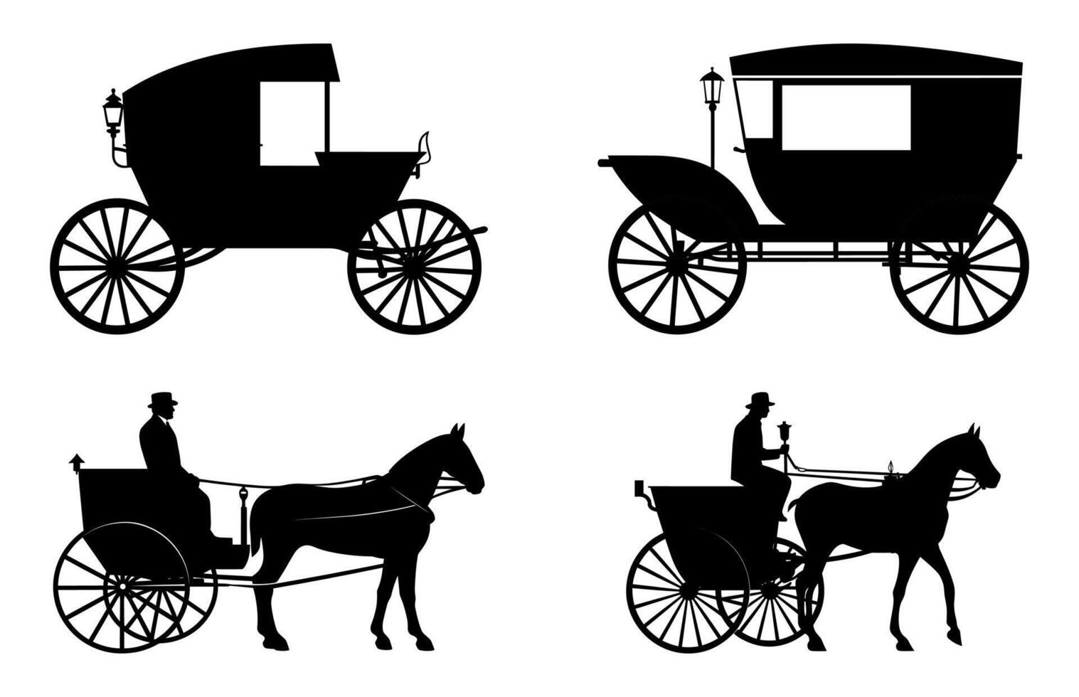 amish buggy en paard silhouet vector set, amish paard en vervoer zwart silhouetten