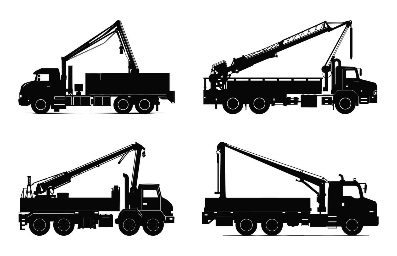 mobiel kraan vrachtauto silhouet vector set, kraan vrachtwagens zwart silhouetten bundel
