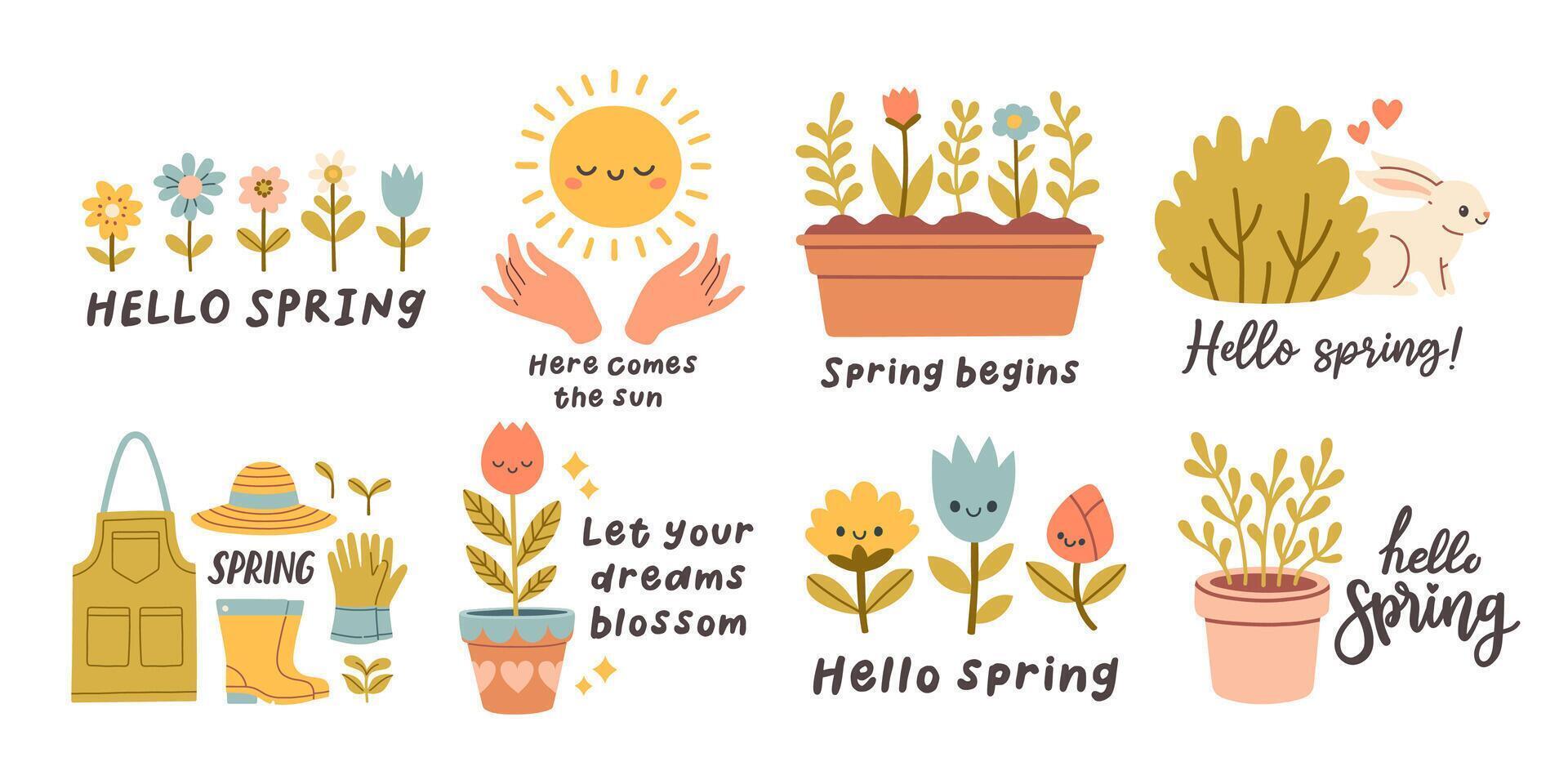 Hallo voorjaar citaten set. bloemen lente hand- getrokken prints ontwerp. positief zinnen voor stickers, ansichtkaarten of affiches. vector illustratie