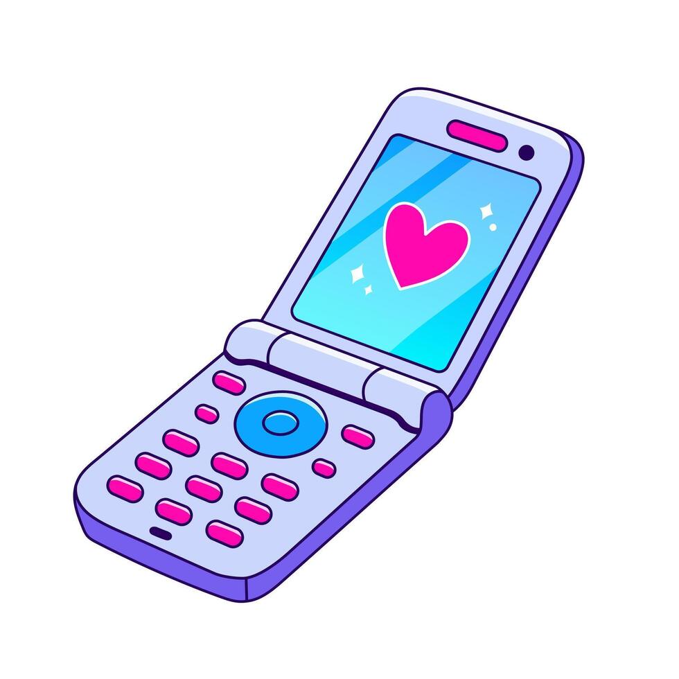 90s valentijnsdag dag kaart in vlak stijl, lijn stijl. hand- getrokken omdraaien telefoon vector illustratie. lapje, insigne, embleem. vector illustratie