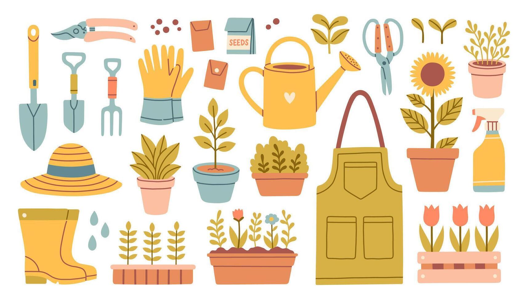 tuinieren gereedschap en bloemen vector reeks in vlak tekenfilm stijl. rubber laarzen, zaailing, tulpen, tuinieren kan en snijder, handschoenen. vector illustratie