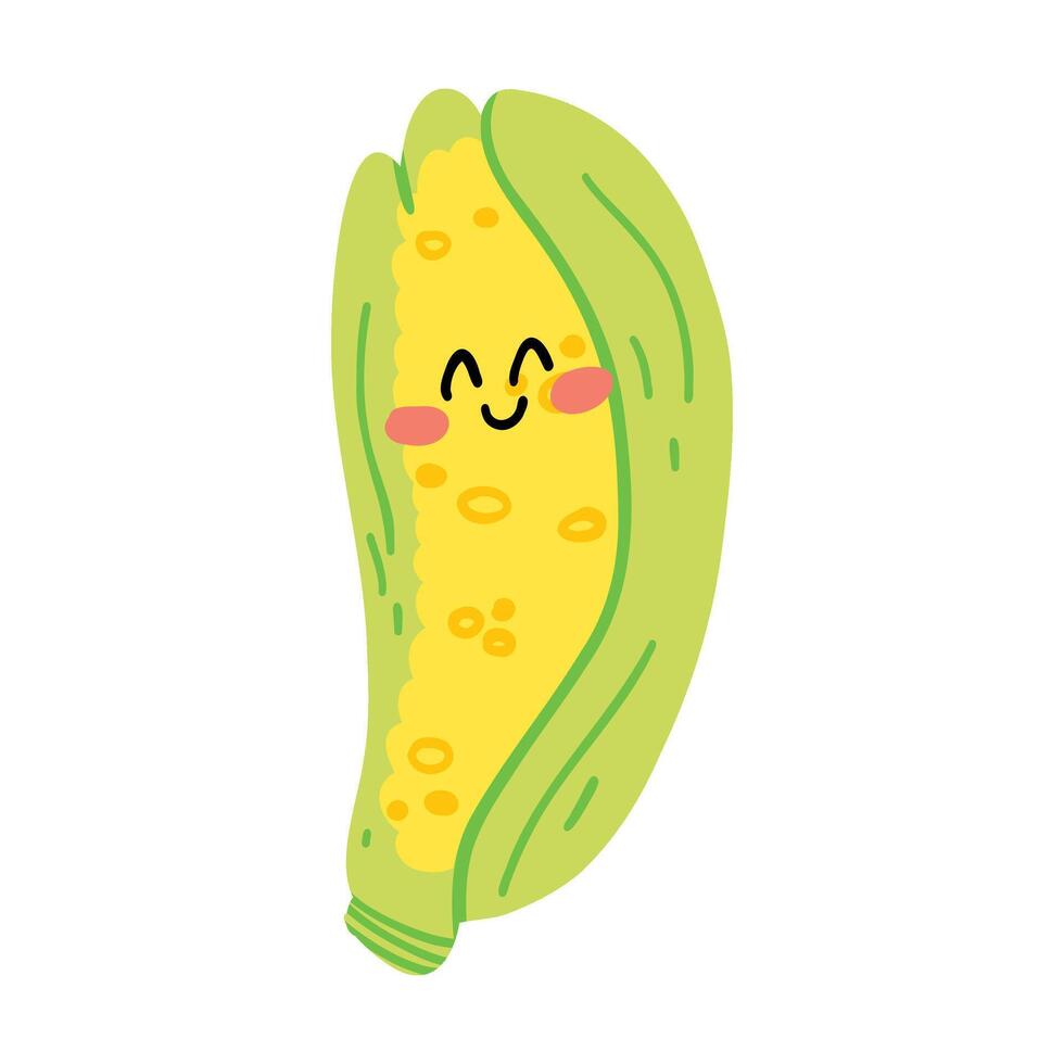 schattig hand- getrokken maïs lachend. kawaii grappig groente karakter voor kinderen. vector