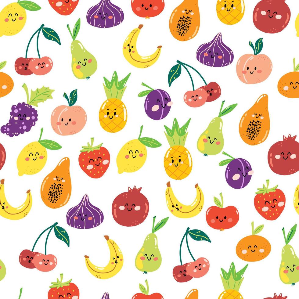 hand- getrokken naadloos patroon met schattig kawaii fruit Aan wit achtergrond. kleurrijk behang voor afdrukken, omhulsel papier, textiel. vector