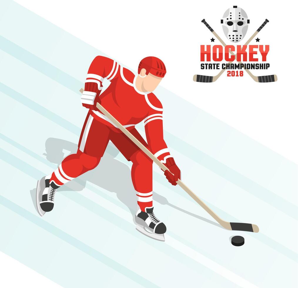 een hockey speler Leidt de puck Aan ijs in een rood uniform vector