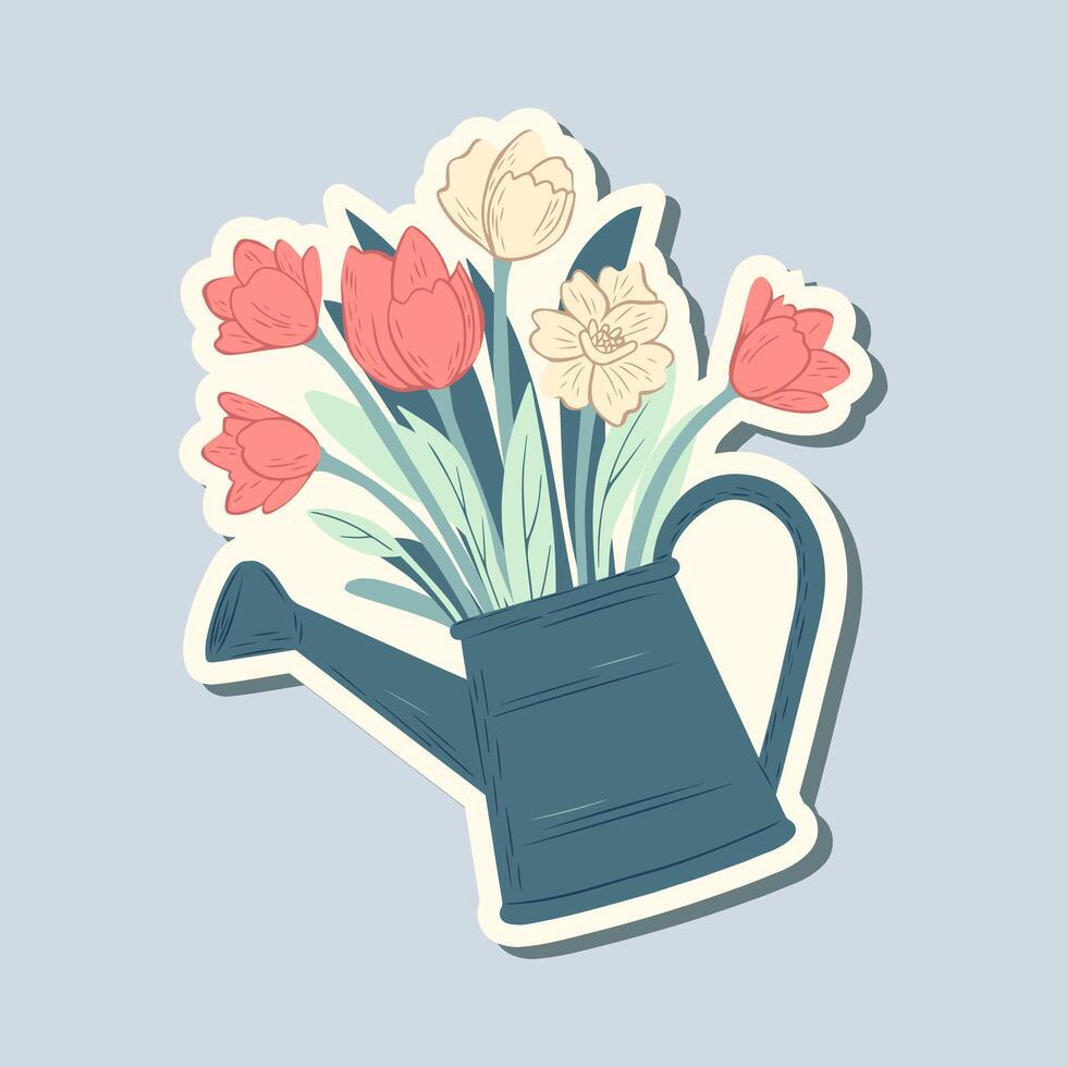 voorjaar sticker gieter kan met bloemen. hand- getrokken stijl. lente element. vector seizoensgebonden element.