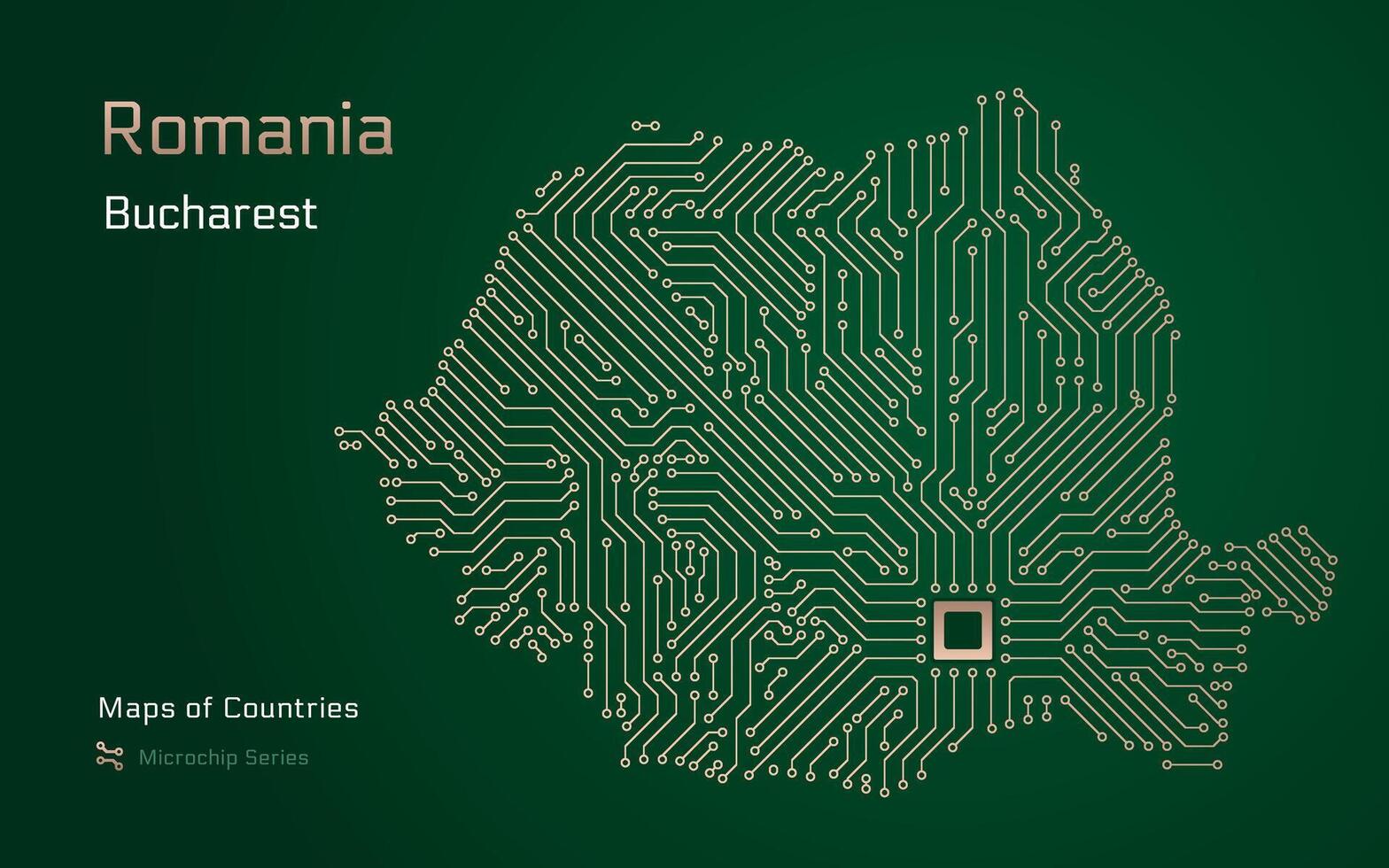 Roemenië kaart met een hoofdstad van Boekarest getoond in een microchip patroon. e-overheid. wereld landen vector kaarten. microchip serie