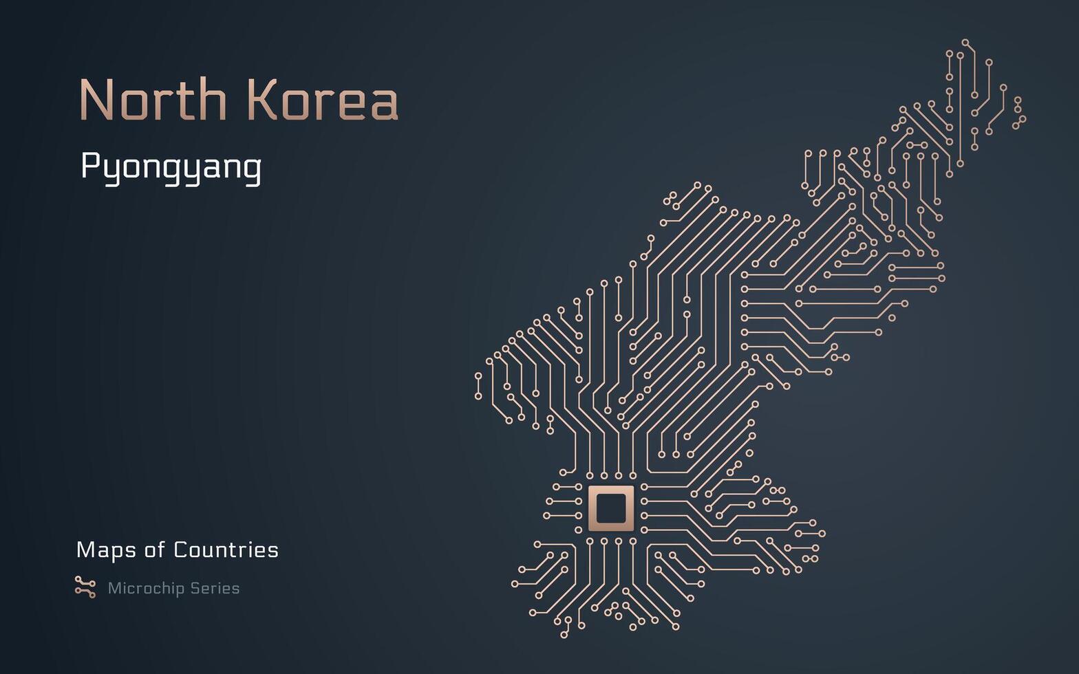 noorden Korea kaart met een hoofdstad van Pyongyang getoond in een microchip patroon met verwerker. e-overheid. wereld landen vector kaarten. microchip serie