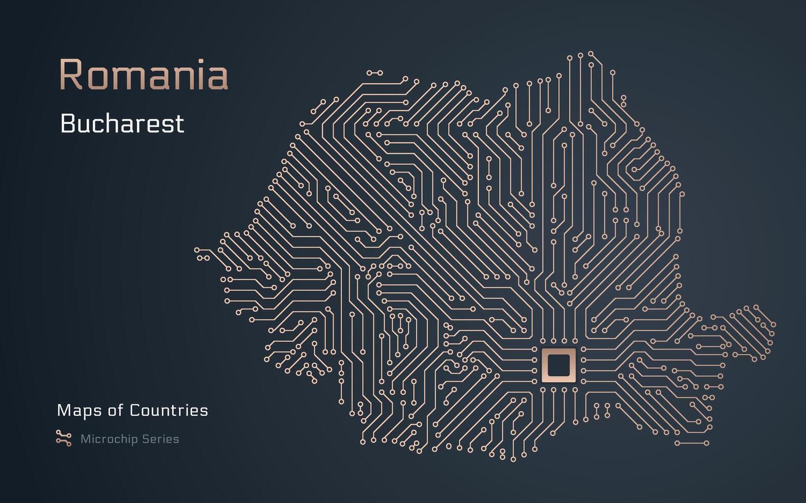 Roemenië kaart met een hoofdstad van Boekarest getoond in een microchip patroon. e-overheid. wereld landen vector kaarten. microchip serie