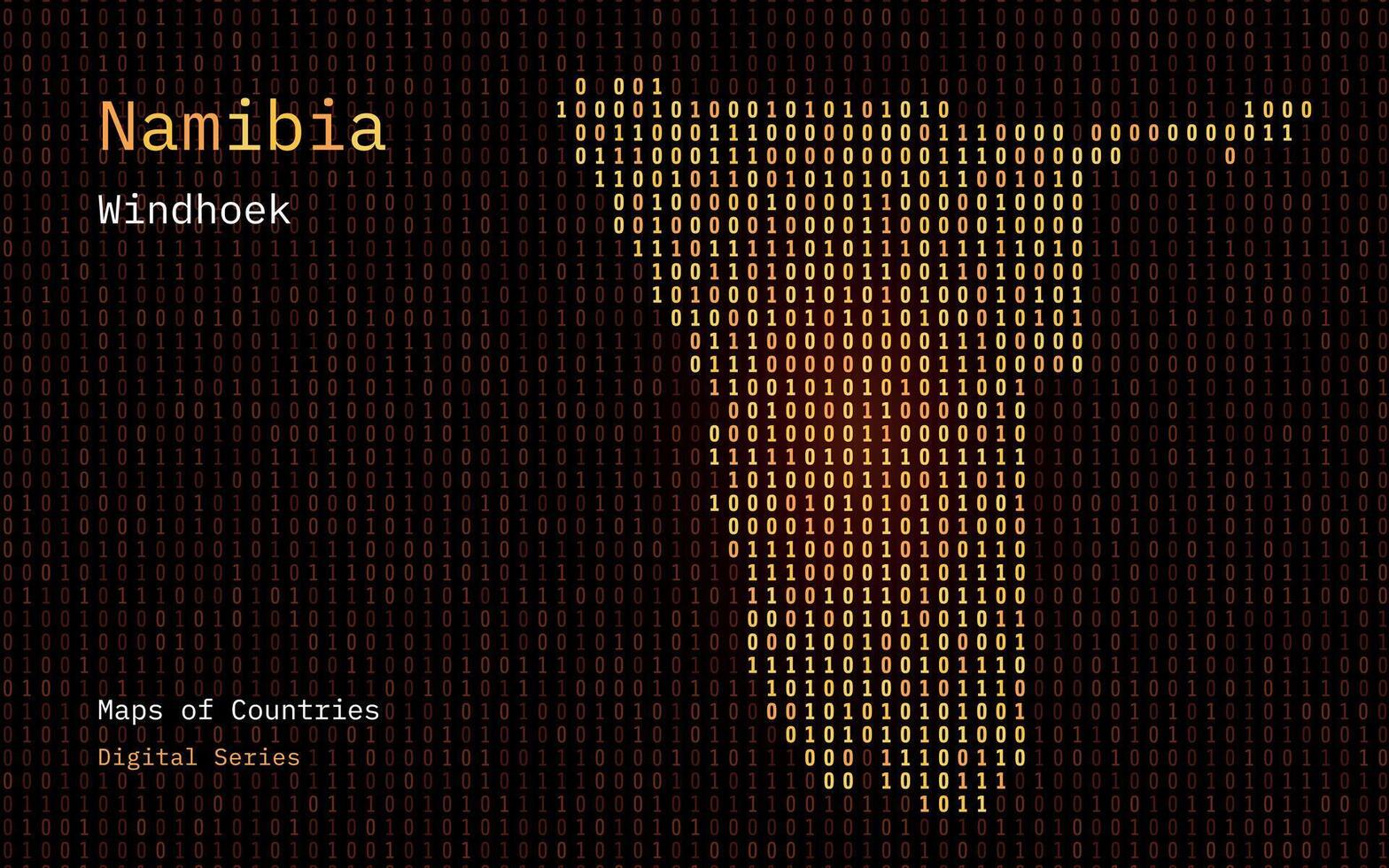 Namibië kaart getoond in binair code patroon. tsmc. Matrix nummers, nul, een. wereld landen vector kaarten. digitaal serie