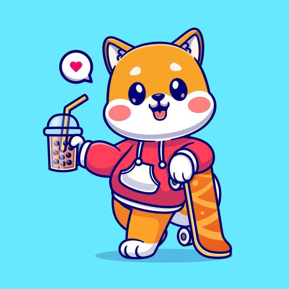 schattig shiba inu drinken boba melk thee met skateboard tekenfilm vector icoon illustratie. dier drinken icoon concept geïsoleerd premie vector. vlak tekenfilm stijl