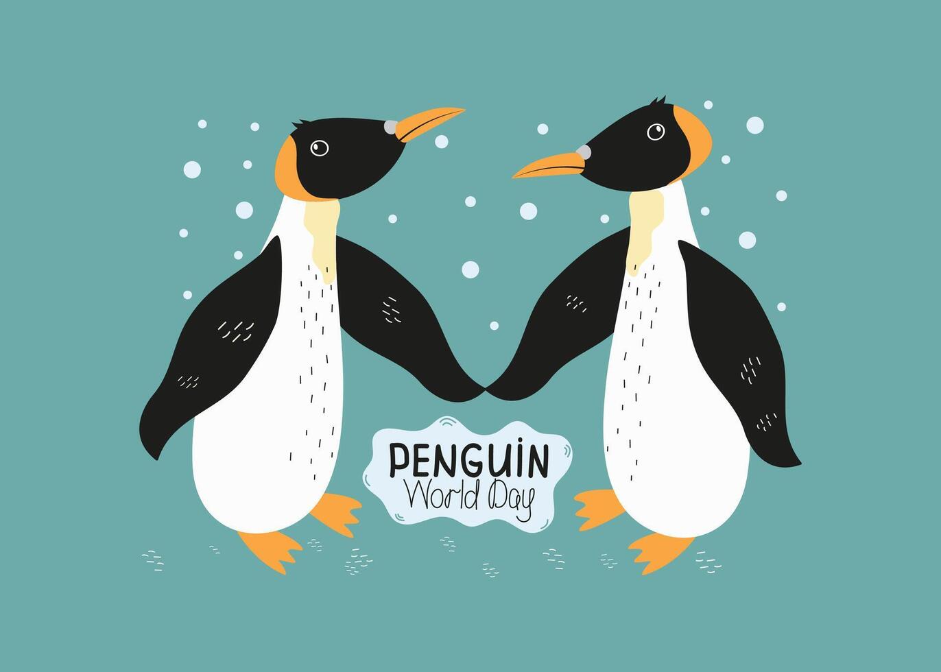 pinguïns. banier, ansichtkaart. vector vlak tekenfilm illustratie. een paar van pinguïns, sneeuw. wereld pinguïn dag, inscriptie, beeld met onderschrift. antarctisch dier, polair vogel.