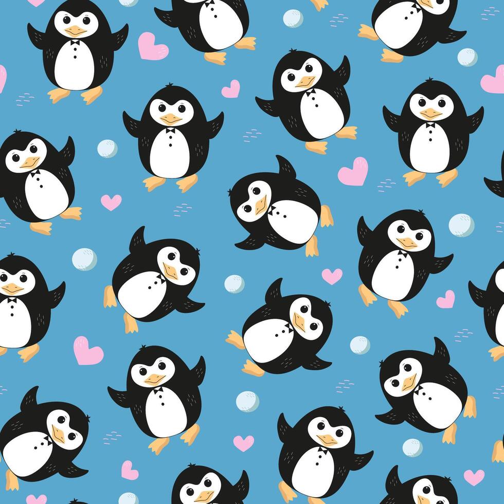 patroon pinguïn, harten, sneeuwballen. Valentijnsdag dag, liefde. antarctisch dier, polair vogel. wereld pinguïn dag. vector naadloos achtergrond.