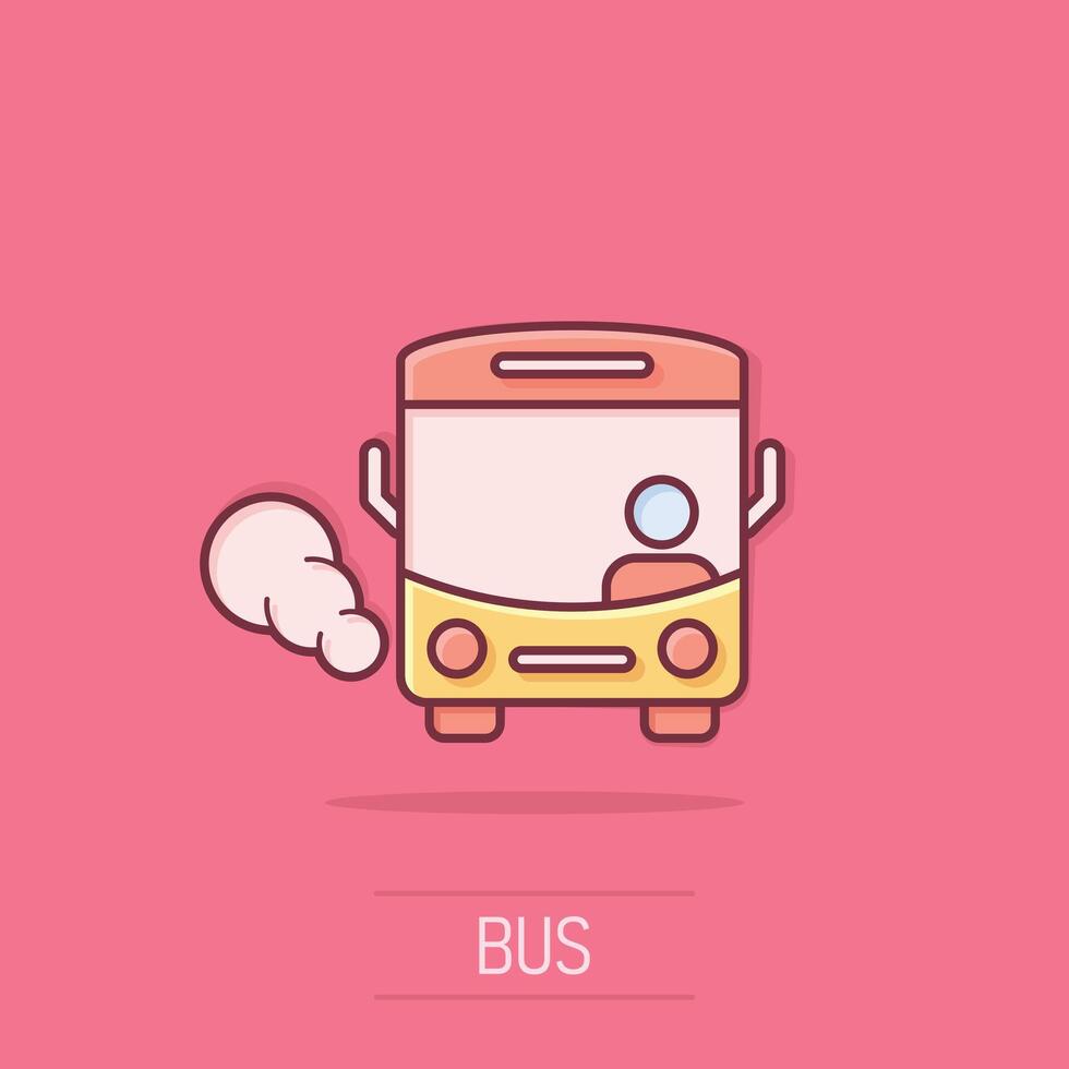 bus icoon in grappig stijl. trainer tekenfilm vector illustratie Aan geïsoleerd achtergrond. autobus voertuig plons effect bedrijf concept.