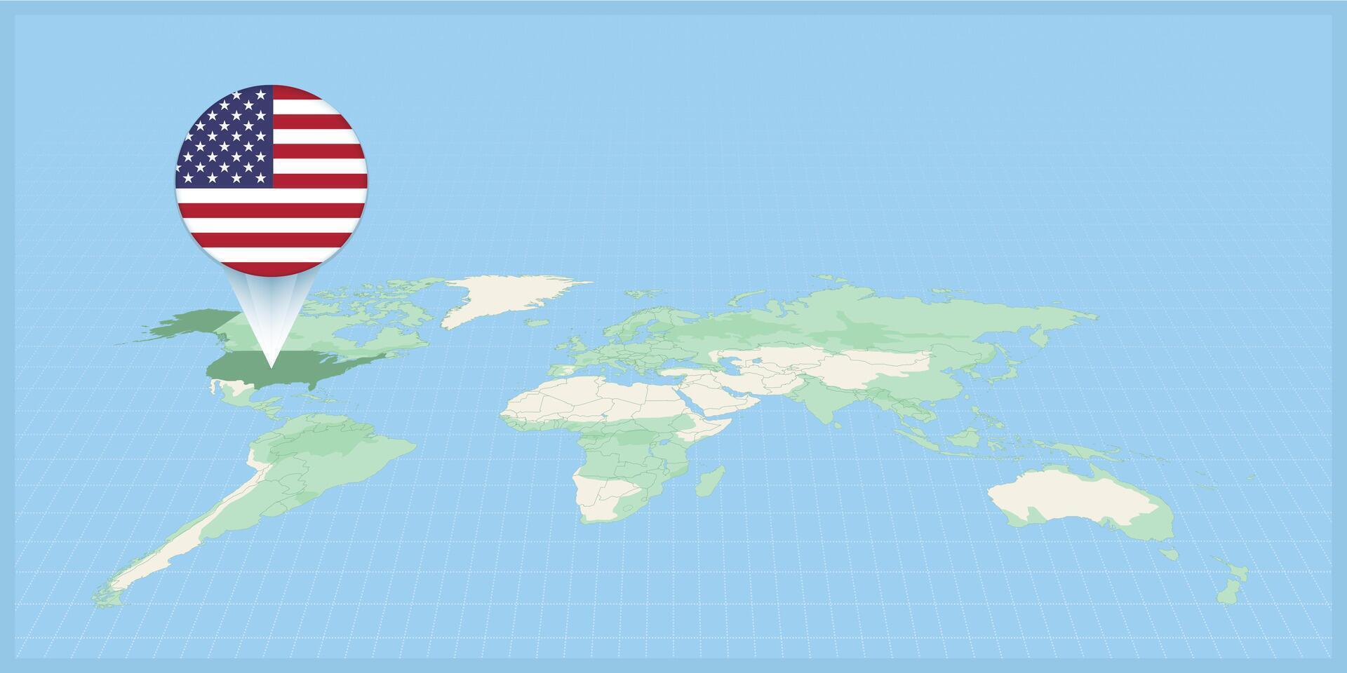 plaats van Verenigde Staten van Amerika Aan de wereld kaart, gemarkeerd met Verenigde Staten van Amerika vlag pin. vector