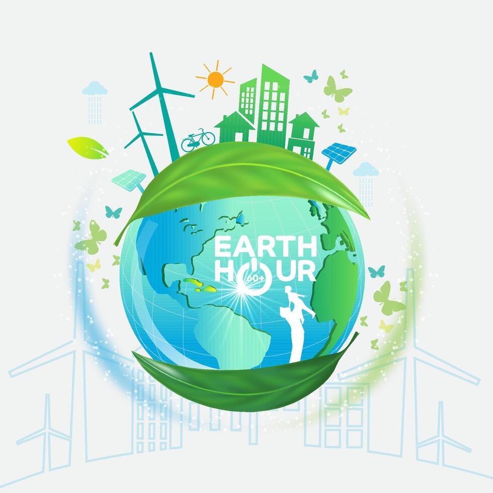 concept logo ontwerp evenement aarde uur ,ecologie.groen steden helpen de wereld met milieuvriendelijk vector