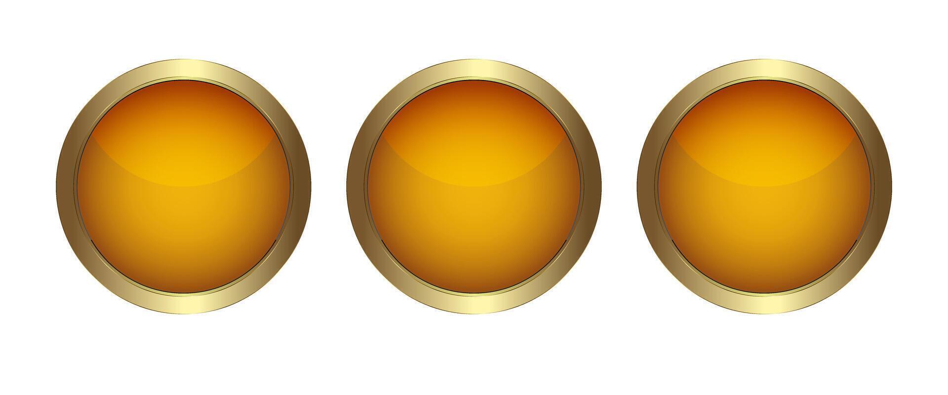 gouden 3 cirkel toetsen vector voor ui toetsen, luxe knop ontwerp, goud cirkel donker knop, premie knop Aan wit achtergrond, vector illustratie