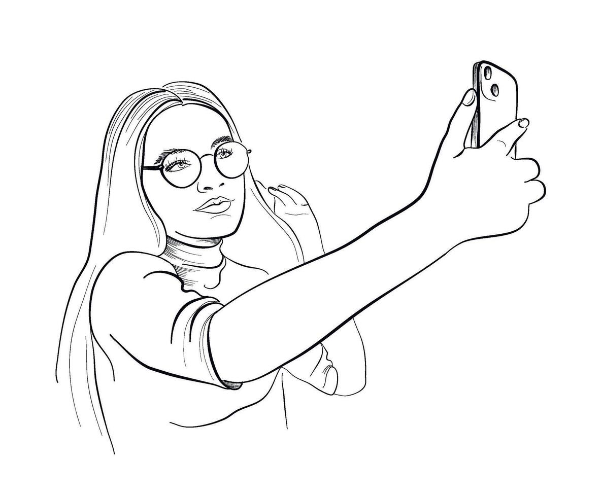 hand- tekening van een meisje met bril nemen een selfie vector