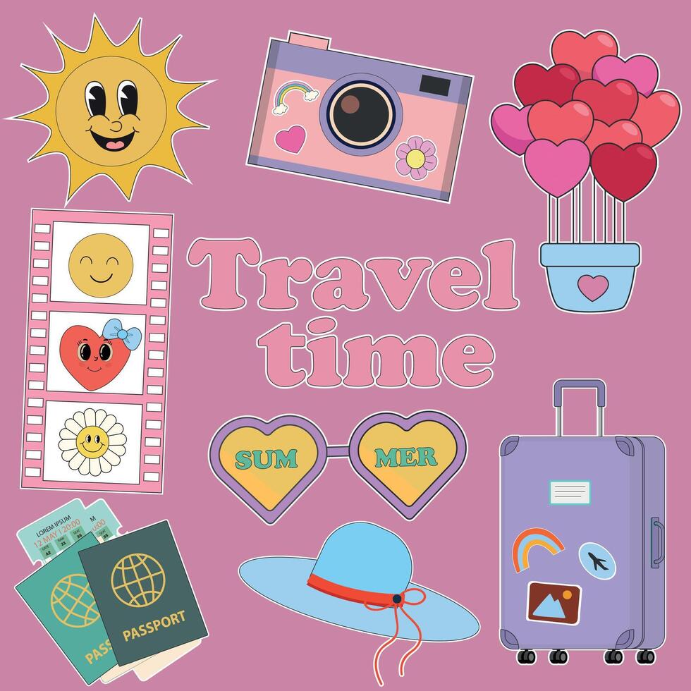 reizen set. op reis verzameling accessoires. reeks van schattig vector zomer stickers voor dagelijks planner. verzameling van scrapbooking elementen