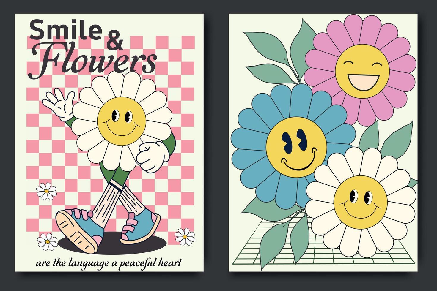 groovy jaren 70 posters met een schattig bloem tekenfilm karakter. grappig tekens in modieus retro Jaren 60 jaren 70 stijl. jaren 70 retro inspirerend poster met wijnoogst groovy typografie met madeliefje bloemen, smiley gezicht vector