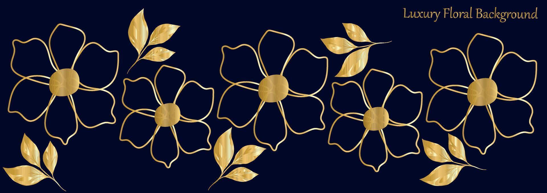 luxe zomer bloem achtergrond vector. elegant helling goud bloemen lijn kunst, bloemen Aan donker achtergrond. oosters ontwerp voor bruiloft uitnodiging, omslag, afdrukken, decoratie, sjabloon. vector