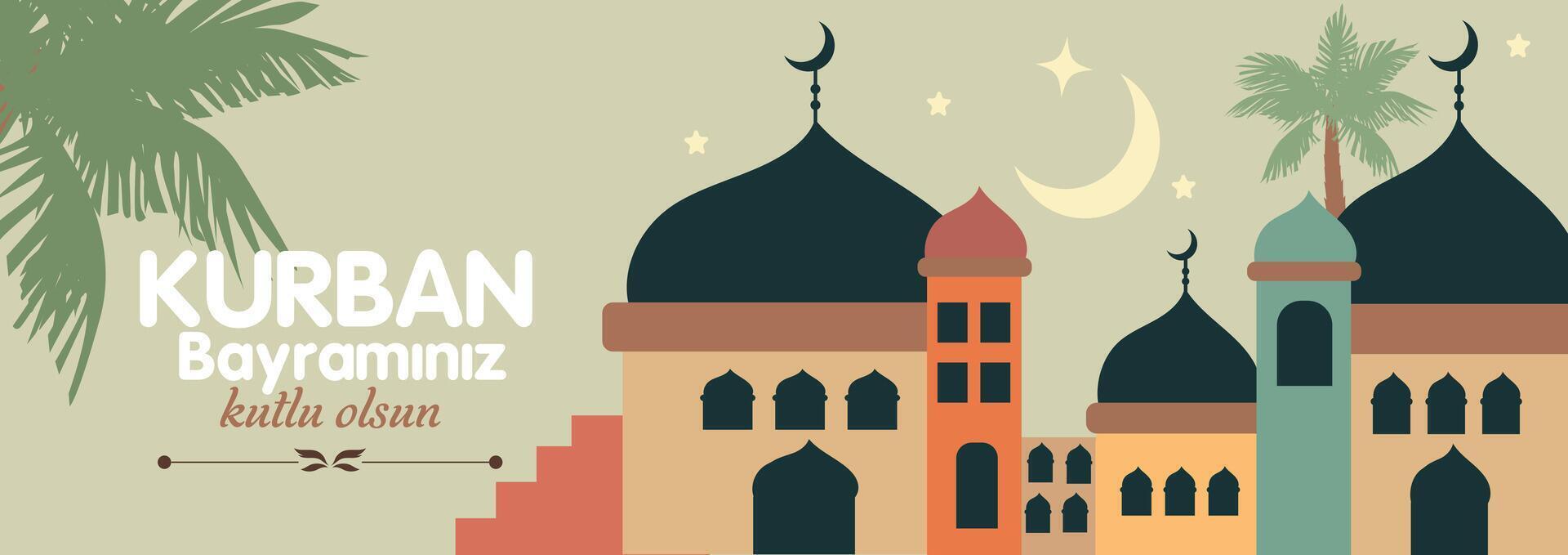 Ramadan bayram vector illustratie in vlak meetkundig stijl ontwerp voor poster, groet kaart, banier en omslag. modern kunst ontwerp met patroon van mooi Arabisch oud oude stad tegen de backdrop