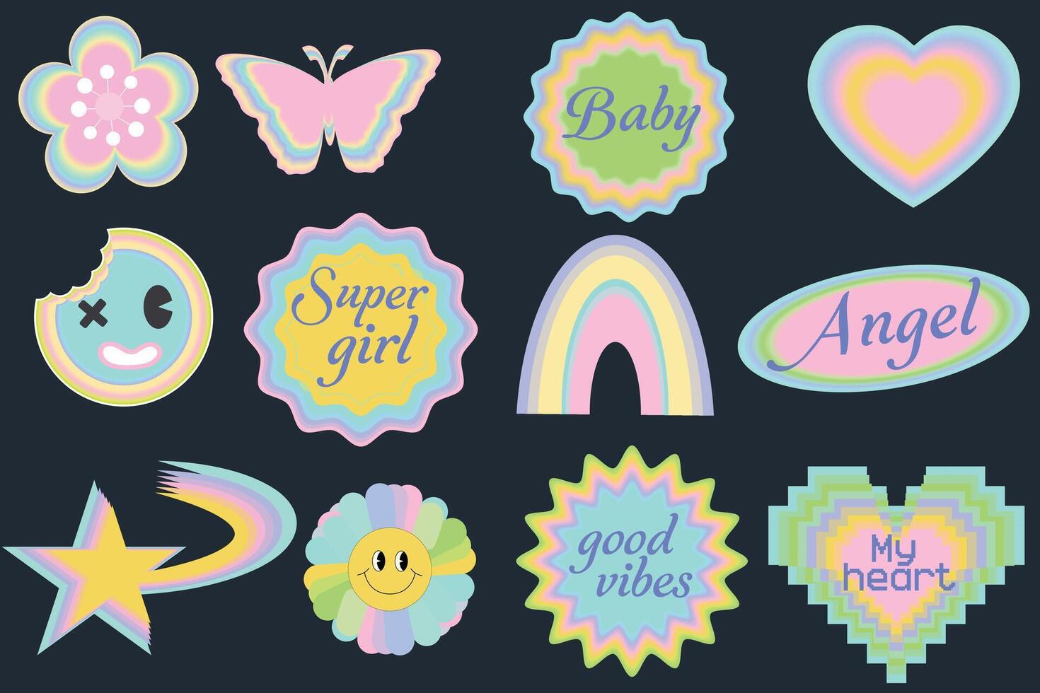 collecties van koel modieus y2k stickers met zinnen, sterren, bloemen, glimlacht en anderen. funky, hip, hipster patches set. modern vector illustratie