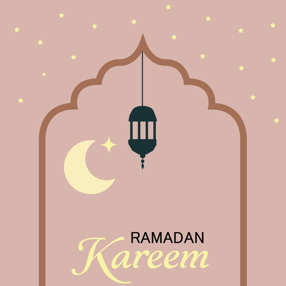 Ramadan kareem banier, kaart, poster ontwerp. modern meetkundig minimalistische ontwerp met moskee, halve maan, sterren in de lucht, bogen ramen vector