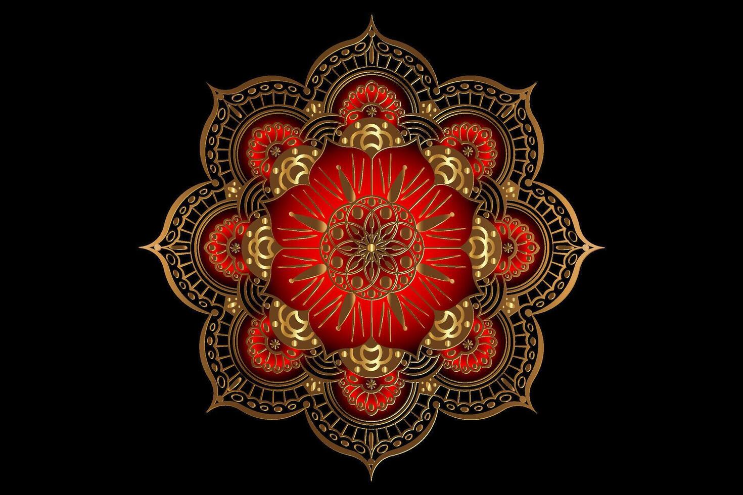 luxe mandala met mooi wijnoogst circulaire patroon van Indisch. ronde goud bloemen decoratie Aan rood kleur, vector illustratie geïsoleerd Aan zwart achtergrond