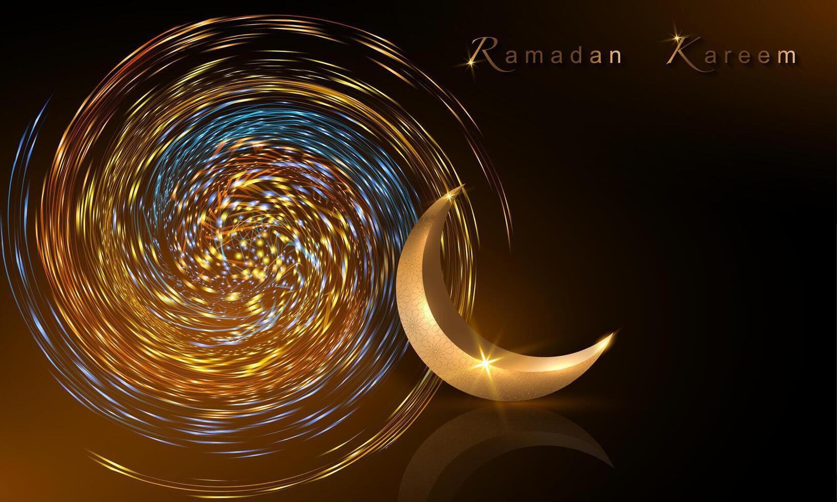 Ramadan kareem banier, 3d goud halve maan maan, vakantie groet traditioneel islamitisch. Arabisch ontwerp voor Product vitrine, presentatie, kunstmatig, baseren, Ramadan verkoop, spiraal lichten kleurrijk achtergrond vector