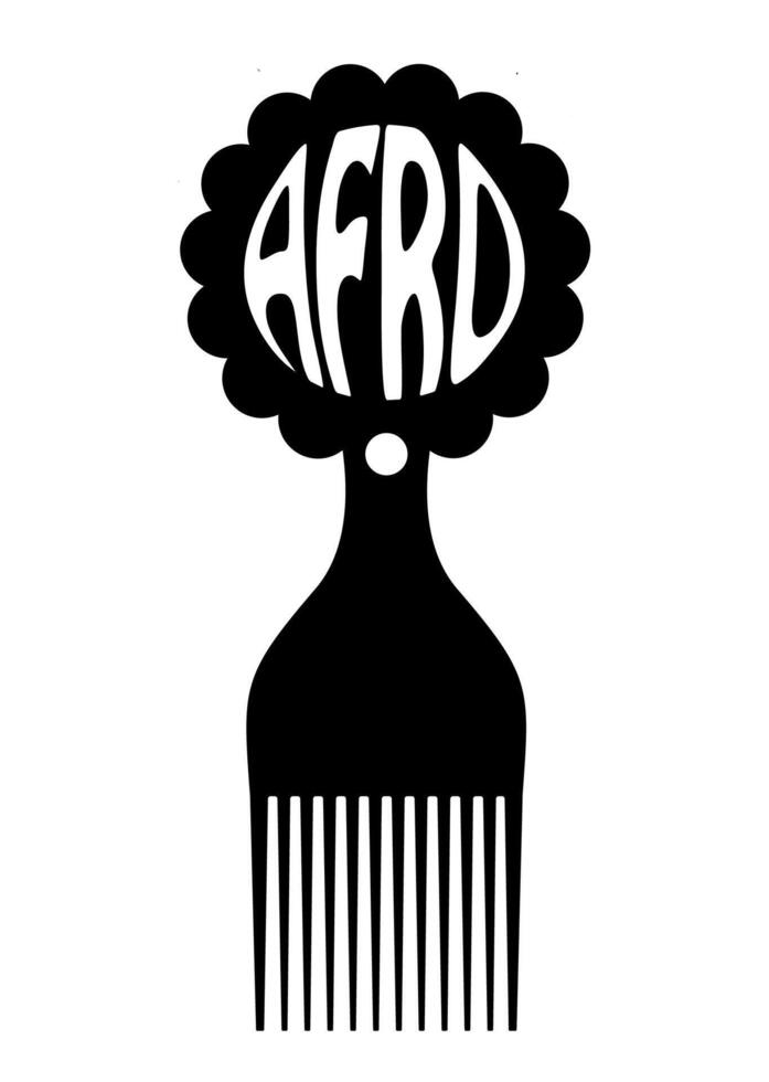 afro kam symbool, Afrikaanse haarborstel teken voor gekruld haar, gemakkelijk vlak ontwerp van zwart silhouet met afro tekst schrijven, vector illustratie geïsoleerd Aan wit achtergrond