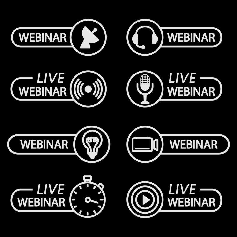 live webinar-knoppen. overzichtspictogrammen voor videoconferentie, webinar, videochats, online cursus, onderwijs op afstand, videocollege, conferentie, livestreaming. in realtime uitzenden vector