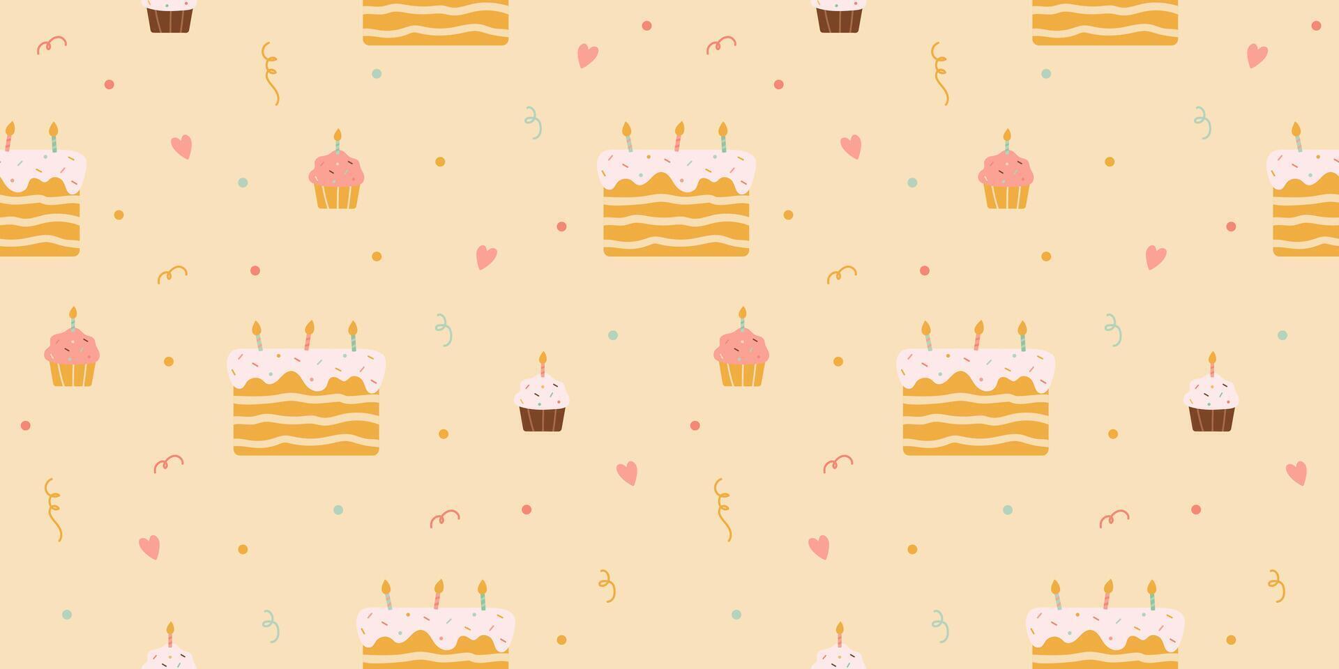 patroon met verjaardag taarten, cupcakes en confetti vector