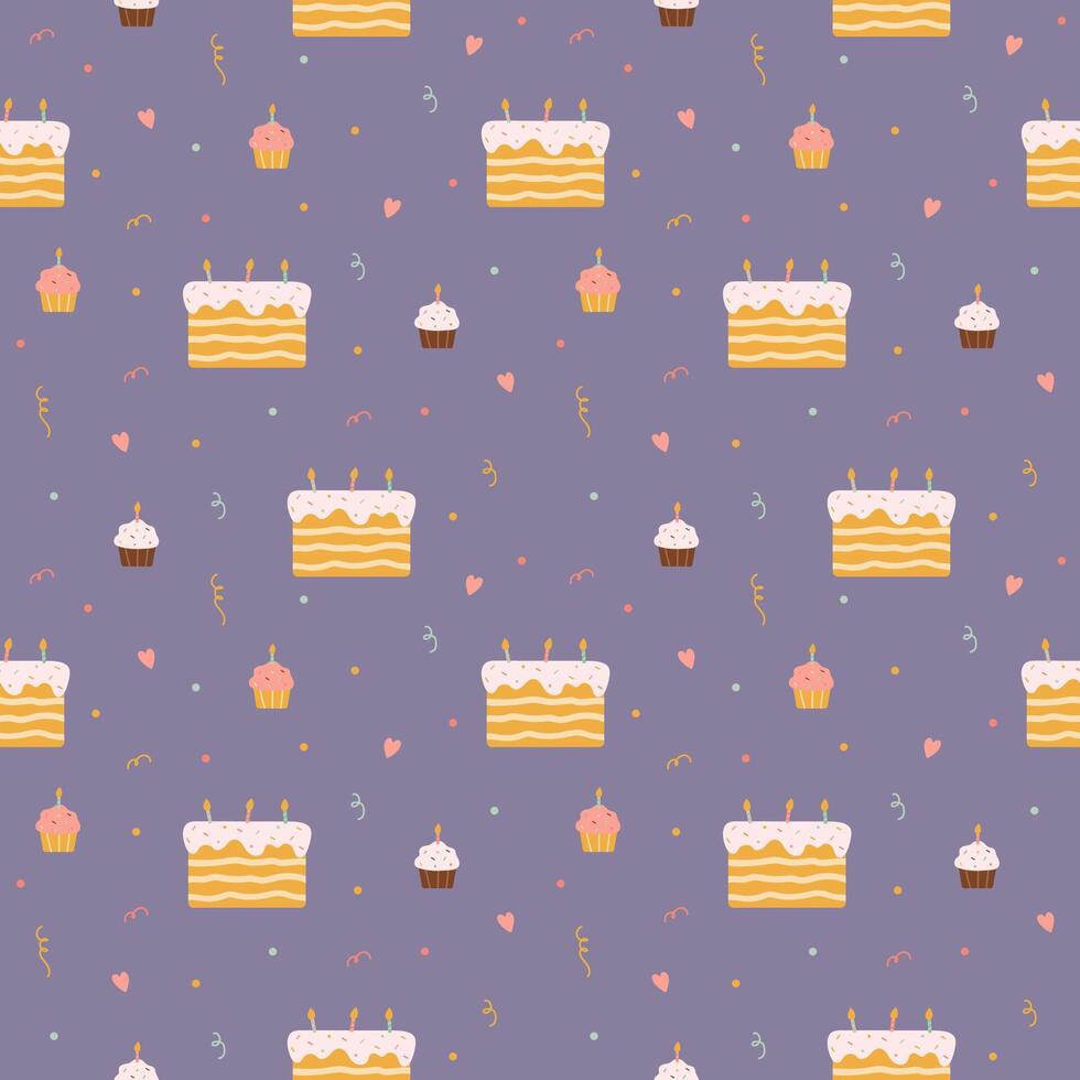 patroon met verjaardag taarten, cupcakes en confetti vector