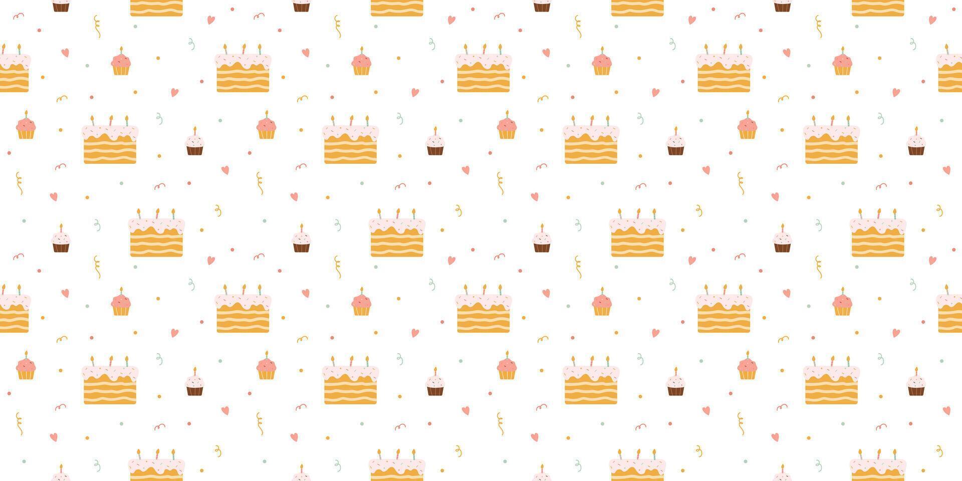 patroon met verjaardag taarten, cupcakes en confetti vector