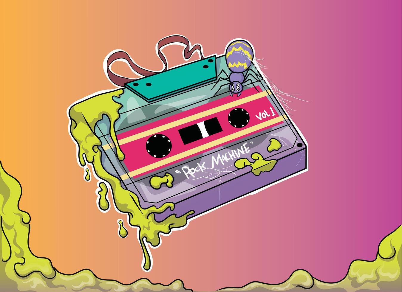 haveloos cassette gebrandschilderd met groen vloeistof, Purper spin, vector illustratie achtergrond