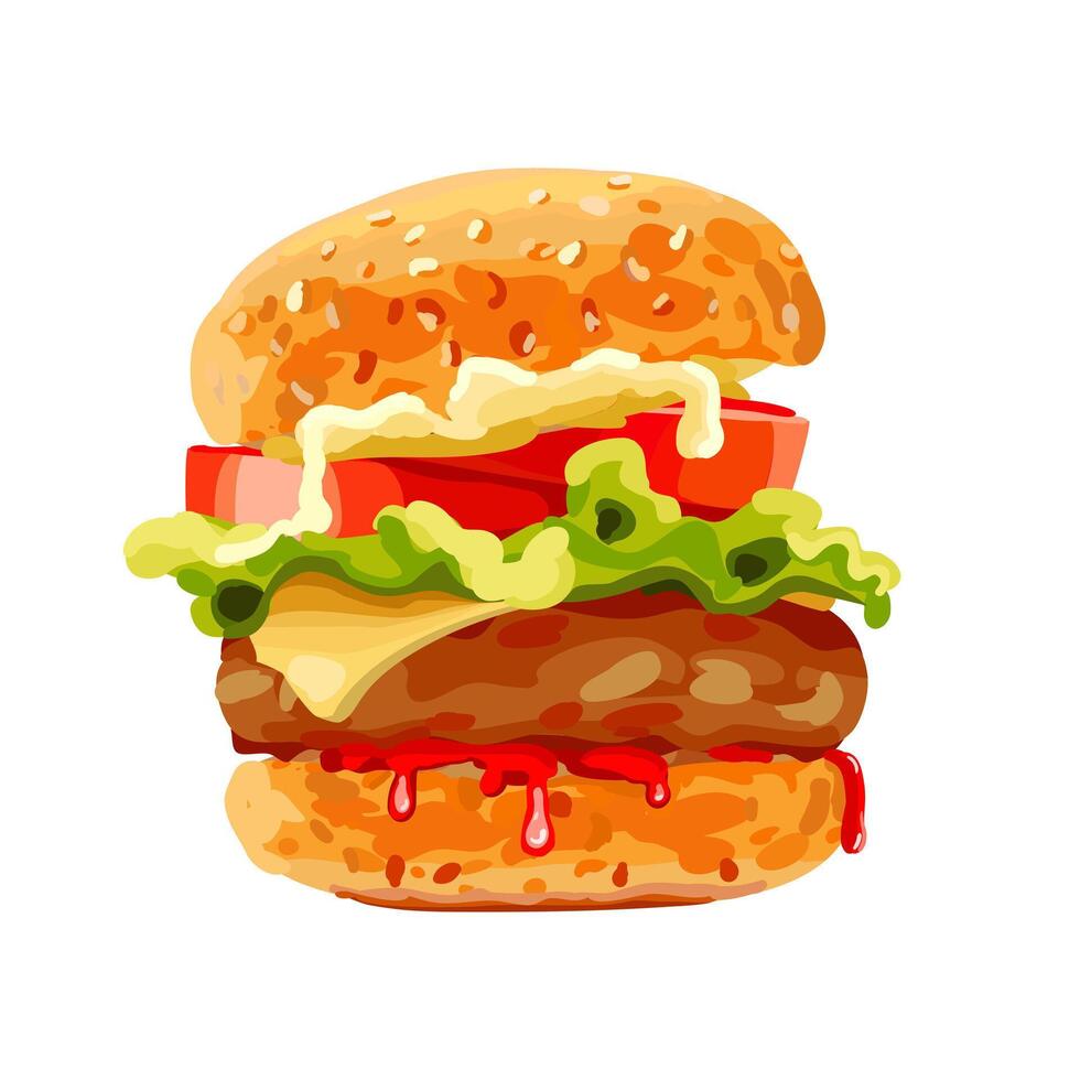 Amerikaans cheeseburger met vers kruiden. realistisch stijl. broodjes met kotelet, tomaat en kaas. vector