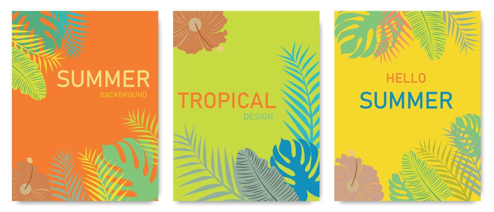 reeks van banners Aan een tropisch thema. vector illustratie van kleurrijk palm bladeren en hibiscus bloemen. abstract meetkundig tropisch ontwerp Sjablonen voor affiches, dekt, achtergronden. vlak stijl.