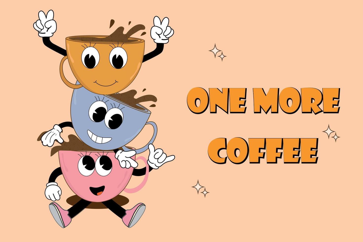 een groovy retro reeks met een koffie mascotte, grappig kleurrijk tekens in tekening stijl, in grappig poseert, cappuccino, espresso en americano. vector illustratie Aan beige geïsoleerd achtergrond.