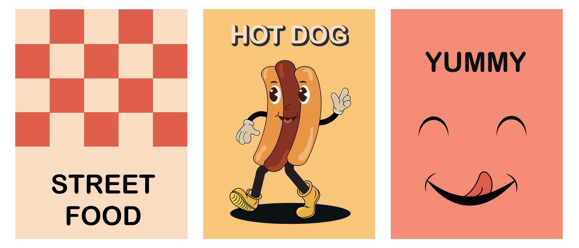 reeks van retro tekenfilm grappig posters met schattig heet hond karakter. snel voedsel concept. wijnoogst straat illustratie van heet hond mascotte voor cafetaria. nostalgie voor de jaren 60, jaren 70, jaren 80. vector