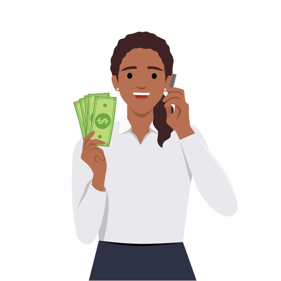 jong vrouw Holding smartphone en dollars ze is roeping iemand Aan telefoon met gelukkig gezicht vector