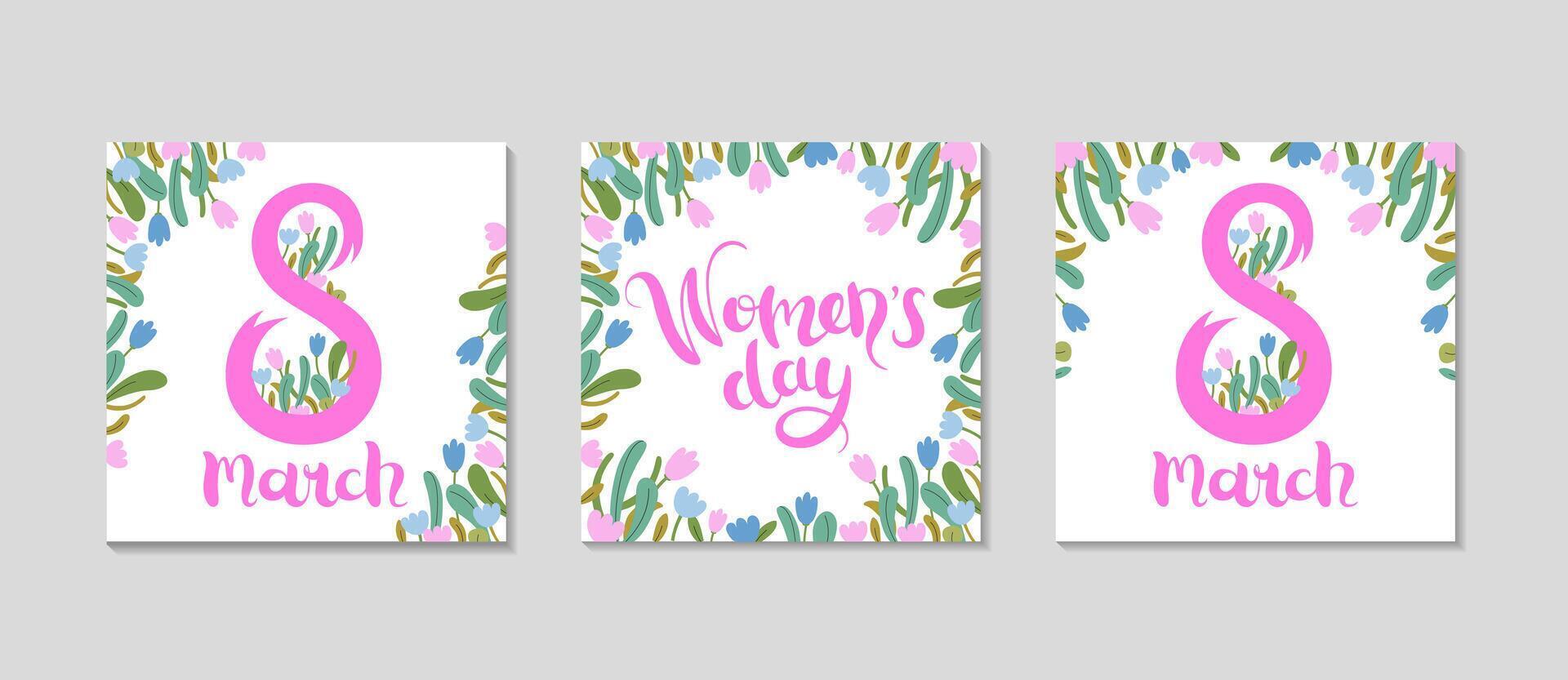 Internationale vrouwen dag plein groet post set. bloemen feestelijk kader voor sociaal media. voorjaar vakantie verticaal Sjablonen. 8 maart belettering. feliciteren achtergrond. vector vlak illustratie.