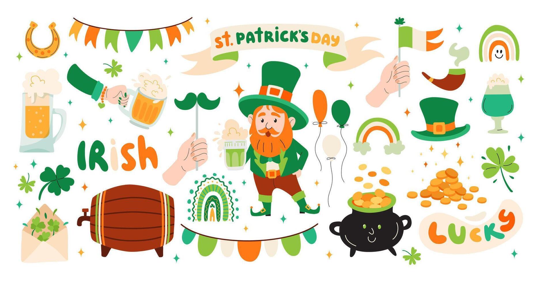 reeks van st. patricks dag elementen. hand- getrokken verzameling van pictogrammen. vakantie Iers stickers set. elf van Ierse folklore in groen hoed. rood baard, vlaggen, klavers, bier, regenboog pot van goud, vat van bier. vector. vector