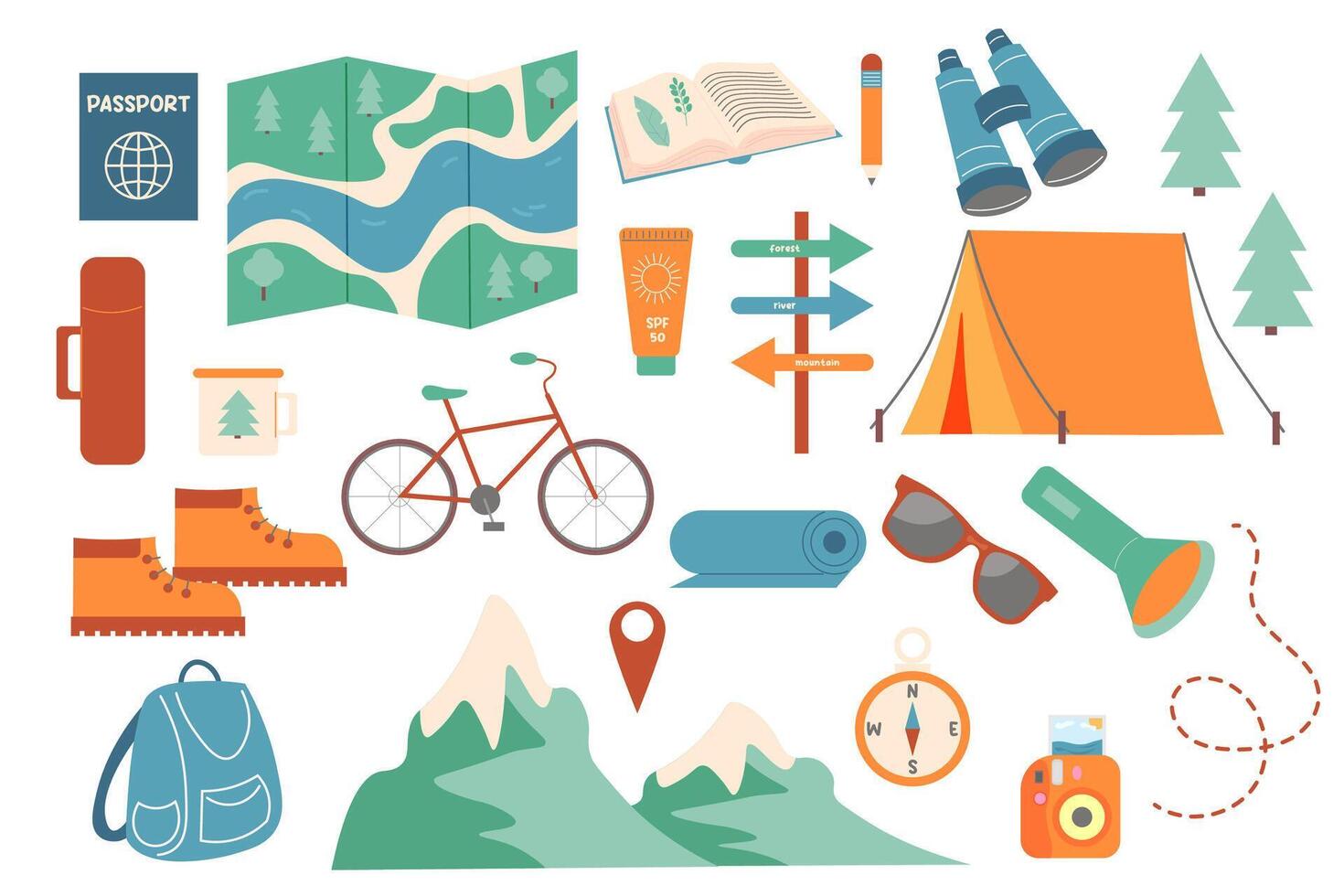 reeks voor eco op reis . wandelen apparatuur, camping in natuur in bergen. ecotoerisme. vector illustratie