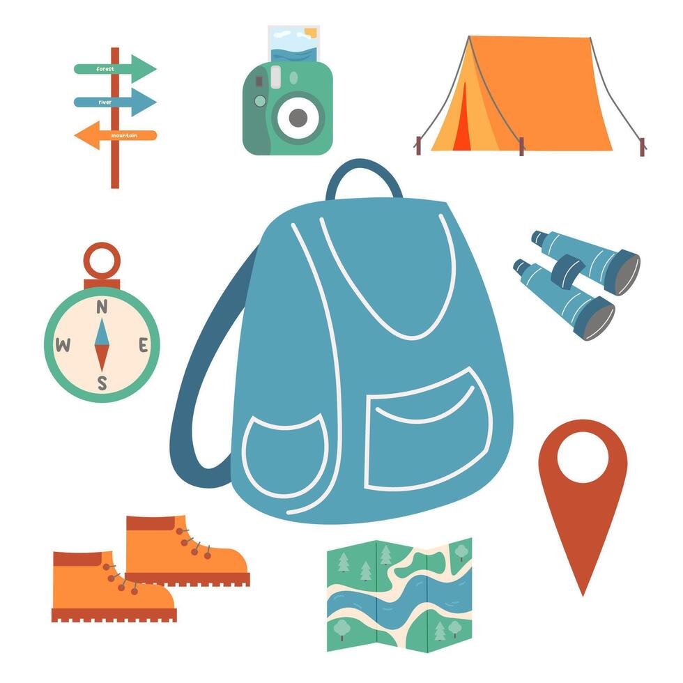 eco-reizen set. camping apparatuur, ecotoerisme. vector illustratie. kamp