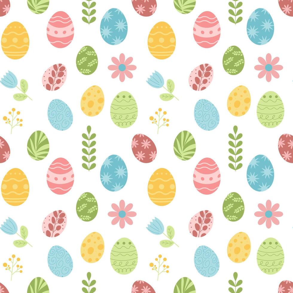 naadloos voorjaar patroon met Pasen eieren en bloemen. vector vlak illustratie.