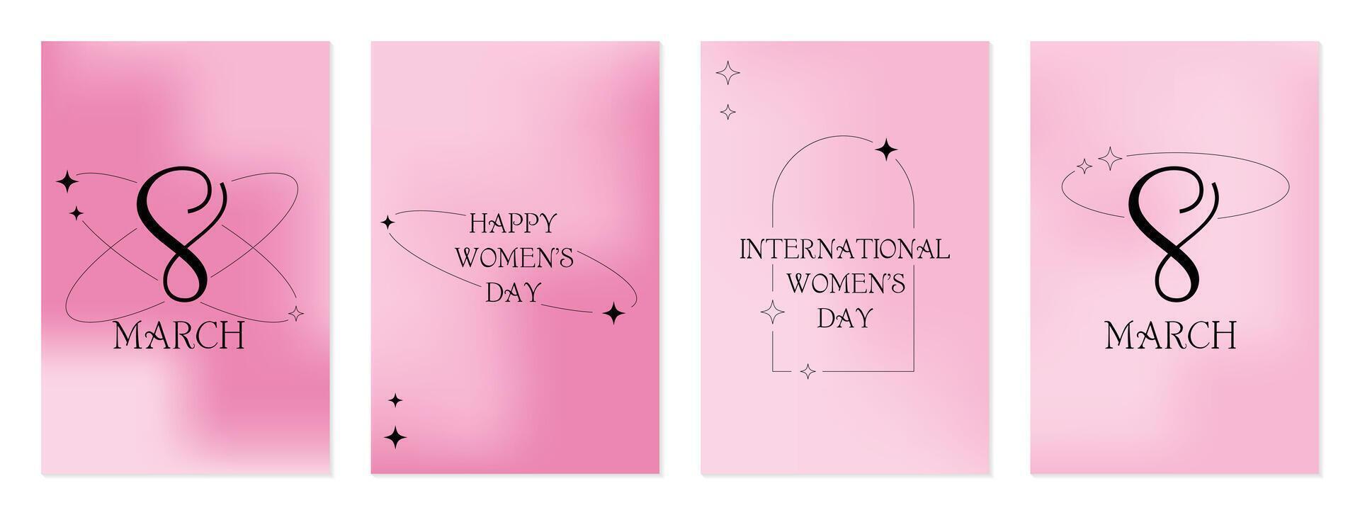 Internationale vrouwen dag. 8 maart banier, reeks groet kaart. modieus wazig hellingen, typografie, y2k, lineair vormen. minimalistische ontwerp voor partij, advertenties, omslag, sociaal media Sjablonen vector