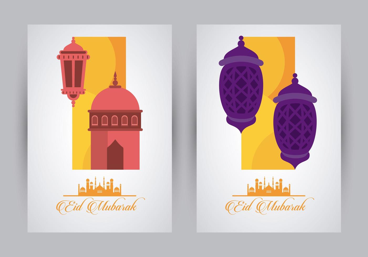 eid mubarak vieringskaart met moskee cupule en lantaarns vector