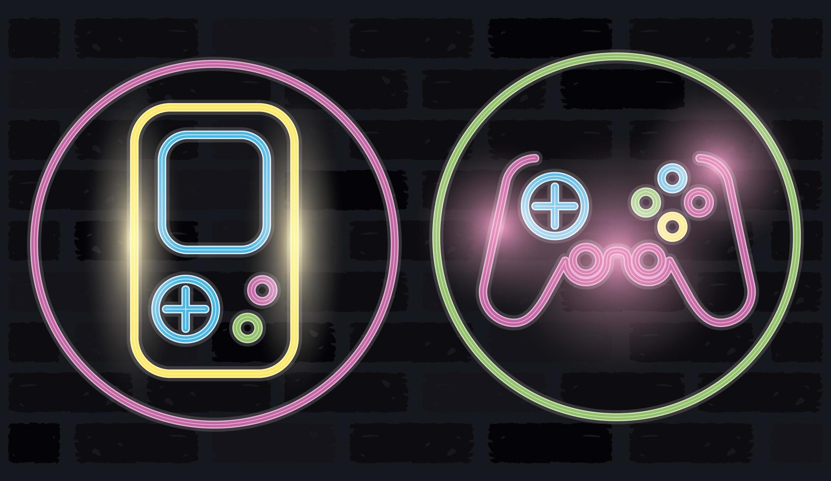 retro videogame neon met console en bediening vector