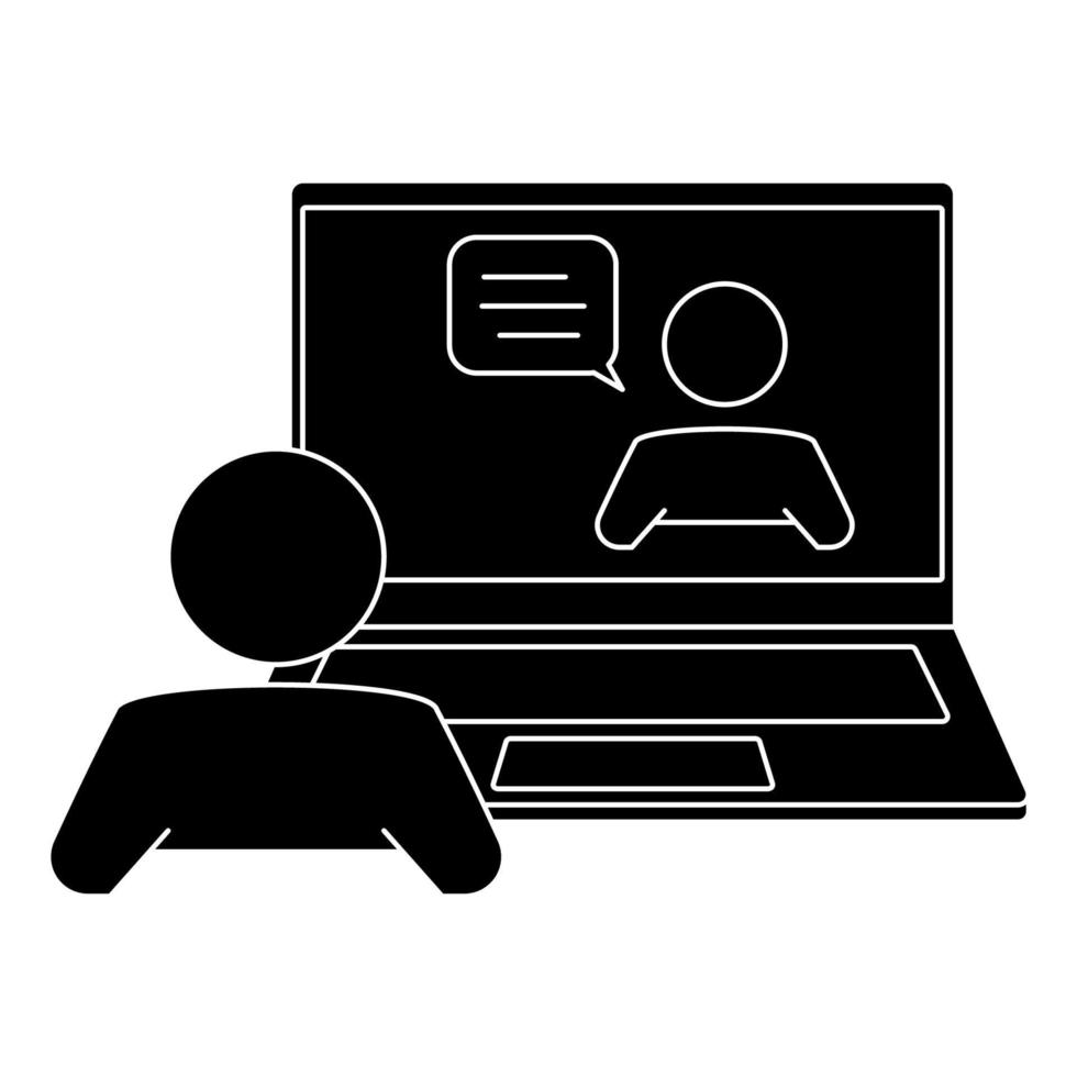 online sollicitatiegesprek. online communicatie, chatten. klantenondersteuning of service, technische assistentie. ondersteuningssymbool uitbesteden. een man aan het werk op laptop met tekstballonnen. glyph-pictogram vector