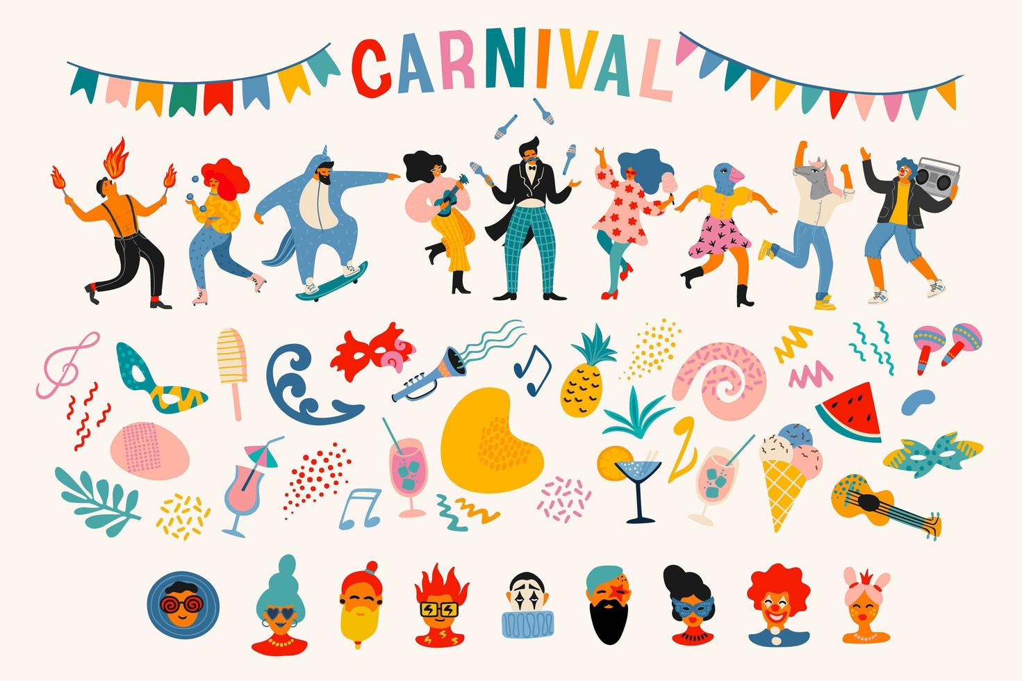 carnaval. vectorreeks. mensen in carnavalskostuums, gezichten, maskers, symbolen, abstracte vormen vector